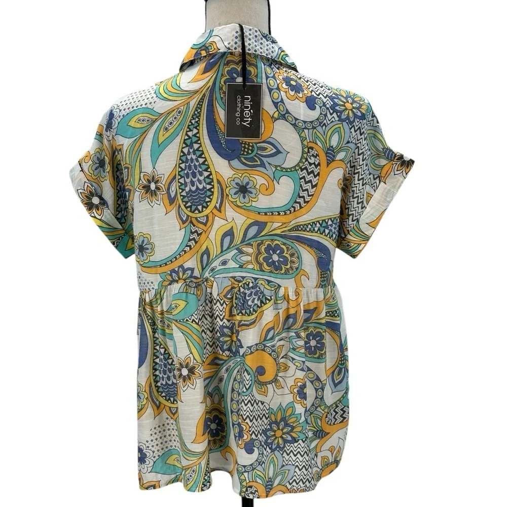 Ninety Clothing Co Short Sleeve Collared Floral Paisley Print Blouse - Small - Picture 3 of 9